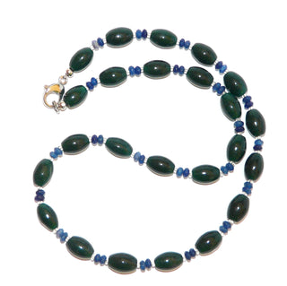 blau-grünes Einzelstück, Achatcollier, Edelsteinkette aus Oliven von Grünachat & facettierten Linsen von Blauachat, Länge 48 cm, Verschluß Metall, auf Stahlseil aufgefädelt - Goldschmiede Danilo
