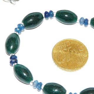 blau-grünes Einzelstück, Achatcollier, Edelsteinkette aus Oliven von Grünachat & facettierten Linsen von Blauachat, Länge 48 cm, Verschluß Metall, auf Stahlseil aufgefädelt - Goldschmiede Danilo