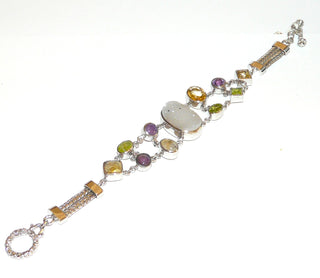 Einzelstück, Armband aus 925 Silber mit 11 pastellfarbenen Edelsteinen in verschiedenen Schliffformen, angeordnet in 2 Reihen mit einem Mittelstein, Amethyst, Citrin, Quarzkristall + Olivin, Knebelverschluß, Länge 19 cm -	Einzelstücke nur erhältlich bei www.danilogold-shop.de