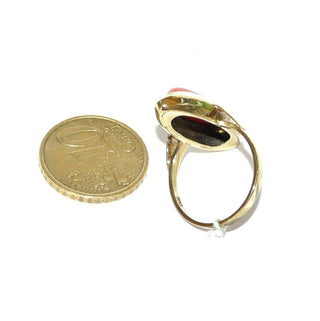 Art Deco Einzelstück, Korallenring aus 333 Gold mit einem spitz-langovalen Korallen-Cabochon ca. 15,5 x 5,7mm, natürliche Mittelmeerkoralle lachsrot, breiter Spiegel mit Kehle, Zarge, darunter konische Zarge zur extraverbreiten Fingerauflage, Ringweite 54, um 1930 - Goldschmiede Danilo