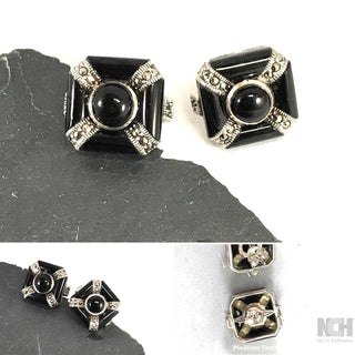 Einzelstücke, Ohrstecker aus 925 Silber mit Onyx und kleinen funkelnden Markasiten, achteckige Form, ca. 16,6 mm x 16,6 mm, Replik im Stil des "Art Deco"-	Vintage-Schmuck nur im Onlineshop von danilogold!