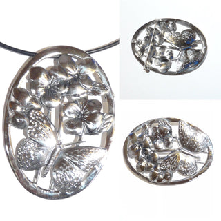 Alte Handarbeit mit Schmetterling und vier getribenen, fein ausgearbeiteten Stiefmütterchen / Veilchen, als Anhänger oder Brosche tragbar, ca. 65 mm x 45 mm, Art Deco um 1930 - Vintage-Schmuck nur im Onlineshop von danilogold!