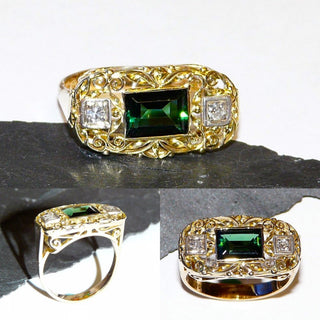 Unikat, antike Handarbeit mit grünem Turmalin / Verdelit, facettiertes Rechteck, 2 Achtkant-Diamanten zusammen ca. 0,07 Karat, im Carré verschnitten, 585 Gelbgold, mit Schnörkel-Verzierungen, oben ca. 21 mm x 11 mm, um  1925-1930 -  Goldschmiede Danilo!