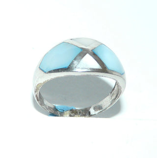 Einzelstück, Bandring aus 925 Silber, weißes + türkis-blaues Perlmutt in geometrischer Anordnung um ein silbernes Kreuz herum glatt in die Ringschiene eingelassen, Ringweite 55,5 -	Nur erhältlich bei www.danilogold-shop.de