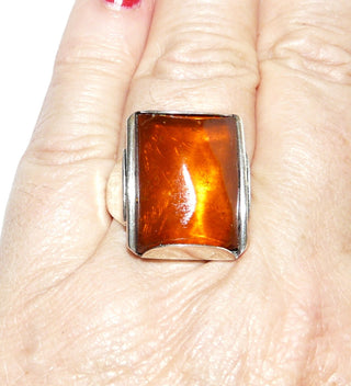 handgefertigtes Einzelstück, Bernsteinring aus 800 Silber, transparent, warmes Cognac, Bernstein rechteckig gewölbt 20x15mm, oben Rautenfacetten, Ringweite 58,5, Art Deco um 1925 - Goldschmiede Danilo