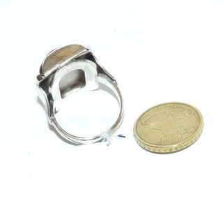handgefertigtes Einzelstück, Bernsteinring aus 800 Silber, transparent, warmes Cognac, Bernstein rechteckig gewölbt 20x15mm, oben Rautenfacetten, Ringweite 58,5, Art Deco um 1925 - Goldschmiede Danilo