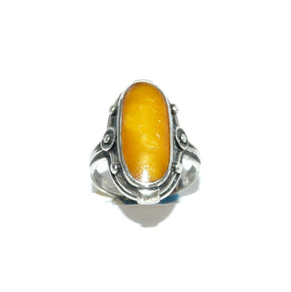 Einzelstück, Bernsteinring aus 835 Silber in den Tiefen geschwärzt, langovaler opaker Butterscotch-Bernstein 19x8mm, Ringweite 50,5, Jakob Bengel / Idar Oberstein Art Deco um 1930 - Goldschmiede Danilo