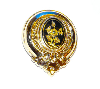 Vintage Biedermeier-Brosche , verbödet mit Silber, wie damals üblich ausgefüllt mit Kitt, "Schaumgold", Oberfläche aus 585 Gold + schwarzem Emaille, 1 Perle, ca. 32 mm x 37,5 mm - Nur erhältlich im Onlineshop von Juwelier & Goldschmiede Danilo!