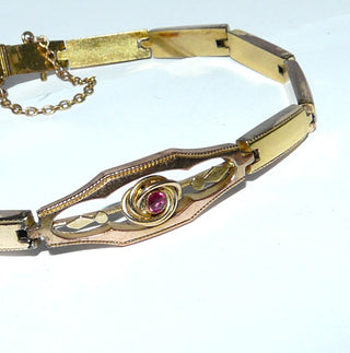 Antikes Einzelstück, Biedermeier-Vintage-Armband aus roséfarbenem Golddoublé, typische rote Rubin-Replik, Länge 19,5 cm, Kastenschloß, Sicherheitskette, um 1850 -	Vintage-Schmuck nur im Onlineshop von danilogold!