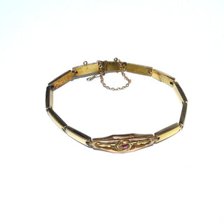 Antikes Einzelstück, Biedermeier-Vintage-Armband aus roséfarbenem Golddoublé, typische rote Rubin-Replik, Länge 19,5 cm, Kastenschloß, Sicherheitskette, um 1850 -	Vintage-Schmuck nur im Onlineshop von danilogold!