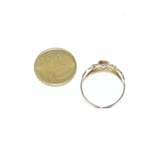 hellblaues Einzelstück, Blautopasring aus 333 Gold mit floralem Blattdekor, ein runder, funkelnd facettierter, aquamarinblauer Topas mit breiten Krappen gehalten, poliert, Ringweite 57 - Goldschmiede Danilo