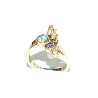 handgefertigtes Einzelstück, Blautopasring, Amethystring aus massiv 585 Gold, je 1 runder, funkelnd facettierter, aquamarinblauer Topas, lila Amethyst & Zirkonia in Zargen gehalten, poliert, Ringweite 52 - Goldschmiede Danilo