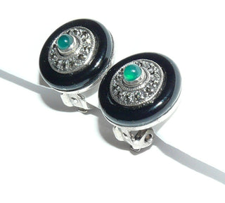 Einzelstücke, Clip-Stecker aus 925 Silber, mit je 1 Grünachat-Cabochon, einem Onyx-Ring + einem Markasiten-Kranz, Repliken gefertigt im "Art-Deco-Stil", besonders guter Sitz am Ohr aufgrund der Clip-Mechaniken, kein Kippen! -	Unikatschmuck nur erhältlich im Onlineshop von Juwelier & Goldschmiede Danilo! 