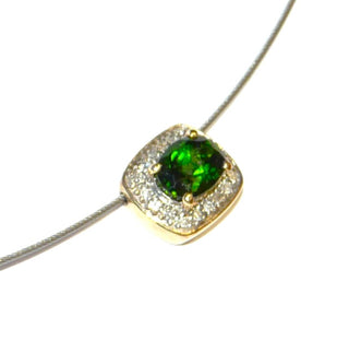 Einzelstück, Collier aus silberfarbenem Stahlseil mit Anhänger aus 585 Gelbgold, Diamanten + grünem Quarz, Länge 45cm, ca. 10,6 mm x 9 mm -	Unikate und Pretiosen nur erhältlich im Onlineshop der Goldschmiede Danilo!