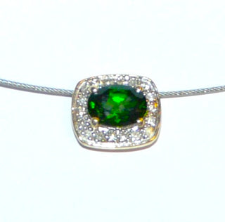 Einzelstück, Collier aus silberfarbenem Stahlseil mit Anhänger aus 585 Gelbgold, Diamanten + grünem Quarz, Länge 45cm, ca. 10,6 mm x 9 mm -	Unikate und Pretiosen nur erhältlich im Onlineshop der Goldschmiede Danilo!