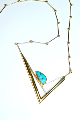 Handarbeit Unikat-Collier mit türkis-blauem Boulder-Opal, Stäbchenkette, Kastenschloß, 585 Gelbgold, Gesamtlänge ca. 49 cm - - Handgefertigtes Unikat! Nur im Onlineshop von Juwelier & Goldschmiede Danilo!