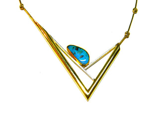 Handarbeit Unikat-Collier mit türkis-blauem Boulder-Opal, Stäbchenkette, Kastenschloß, 585 Gelbgold, Gesamtlänge ca. 49 cm - - Handgefertigtes Unikat! Nur im Onlineshop von Juwelier & Goldschmiede Danilo!