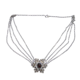 Vintage-Einzelstück, Granatkette "Schneeflocke" mit Blüten und Durchbrüchen, Kropfkette, Trachtencollier, Dirndlcollier mit Erbskette & einer handgeschliffenen Böhmischen Granatrose in Krappenfassung, kürzeste Kette 40cm, Federring, Deutschsprachiger Raum um 1950 - Goldschmiede Danilo