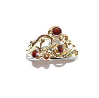 handgefertigtes Einzelstück, Granatring aus massiv 585 Gold mit 3 funkelnd facettierten, runden Vintage-Altschliff-Granaten in Zargenfassungen, verschlungene, durchbrochene Arbeit in 3D aus 4-Kantdrähten & Kugeln, Ringweite 55 - Goldschmiede Danilo