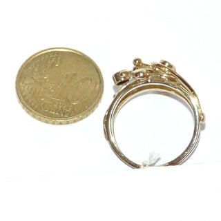 handgefertigtes Einzelstück, Granatring aus massiv 585 Gold mit 3 funkelnd facettierten, runden Vintage-Altschliff-Granaten in Zargenfassungen, verschlungene, durchbrochene Arbeit in 3D aus 4-Kantdrähten & Kugeln, Ringweite 55 - Goldschmiede Danilo
