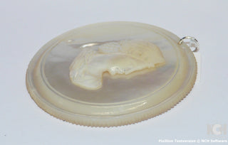 antikes Einzelstück, alte Handarbeit, großer Anhänger mit monochrome Perlmutt-Gemme, Applikations-Kamee, klassizistischer Frauenkopf mit Haarnetz und Haarreif, Durchmesser gezackte Platte, ca. 60 mm, Historismus Gründerzeit um 1860-1890 - Unikate und Pretiosen nur erhältlich im Onlineshop der Goldschmiede Danilo!