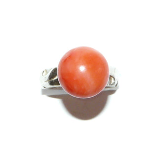 Natürliches Einzelstück, Korallen-Ring, eine Mariage aus einem modernen Ring in massivem 925 Silber & einem antiken Korallen-Bouton, Durchmesser 14,5 mm, poliert, florale Erhebungen auf der Ringschiene, Ringweite 55,5 - Goldschmiede-Danilo