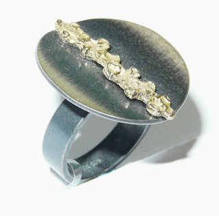 Einzelstück, Lorena-Design, schwarzer Ring "Goldstreifen" aus 925 Silber, teilweise vergoldet, seidenmatt, in den Tiefen geschwärzt, vergoldeter Streifen als Applikation, Ringweite 55. Dazu passen Ohrstecker Nord 0069. Österreichischer Design-Schmuck -	Nur erhältlich im Onlineshop von Juwelier & Goldschmiede Danilo!