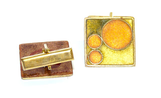 Herrenschmuck, quadratische Vintage-Manschettenknöpfe, Gold-Doubé, Emaille gelb-orange, ca. 70-er Jahre -Unikate + Einzelstücke nur im Onlineshop von Goldschmiede Danilo