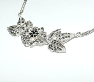 Einzelstück, Replik eines Markasit-Collier aus 925 Silber im Stil um 1900, doppelte Panzerkette Gesamtlänge 48 cm, Blüten-Mittelteil mit schwarzen Zirkonia -	Nur erhältlich bei www.danilogold-shop.de