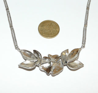 Einzelstück, Replik eines Markasit-Collier aus 925 Silber im Stil um 1900, doppelte Panzerkette Gesamtlänge 48 cm, Blüten-Mittelteil mit schwarzen Zirkonia -	Nur erhältlich bei www.danilogold-shop.de