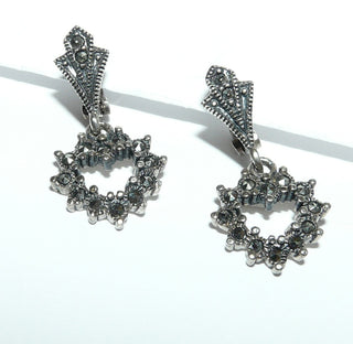 Einzelstücke, Markasit-Ohrstecker als Hänger / Pendel gefertigt aus 925 Silber, offene Herzform, ausgefaßt mit Markasiten, sichere Klappmechanik, Design: Repliken im Stil um 1900 -	Vintage-Schmuck nur im Onlineshop von danilogold!