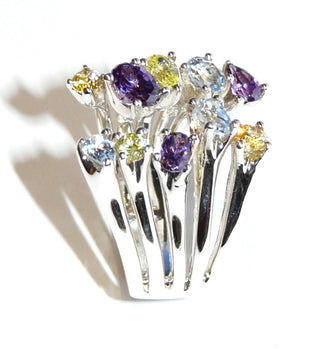 Massiver 925 Silberring oben offen – Detailansicht Zirkonia multicolor, verschiedene Schliffe- Goldschmiede Danilo