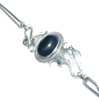 Einzelstück, Mittelteil-Armband "Schwanenköpf" Fuchsschwanz-Muster, aus massiv 925 Silber, poliert, 18,5 cm lang, ovaler Onyx-Cabochon, Hakenverschluß - Goldschmiede Danilo
