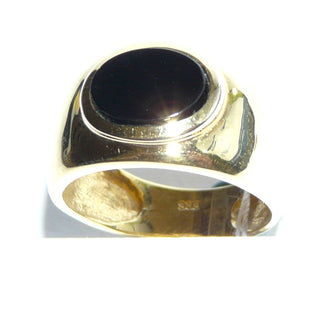 kompaktes Einzelstück, Onyxring, klassischer Herrenring, Siegelring, abgerundeter Bandring aus massiv 333 Gelbgold, poliert mit einer ovalen Onyx-Platte, Ringweite 51 - Goldschmiede Danilo