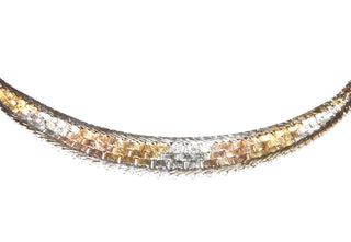 Einzelstück, Armband aus 835 Silber, Länge 18 cm, teilweise vergoldet in gelb + rot, flaches Fuchsschwanz-Muster, im Mittelteil Flecht-Optik / Backstein-Optik, Fischgrät-Rand, Kastenschloß, um 1960. Dazu paßt Hs 0015 - Vintage-Schmuck nur im Onlineshop von danilogold!
