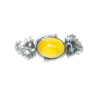 Retro-Vintage-Einzelstück, Bernsteinbrosche aus 925 Silber in den Tiefen geschwärzt, mit einem sonnengelben ovalen Butterscotch-Bernstein, Weinblätter, Kugelsicherung, um 1975 - Goldschmiede Danilo