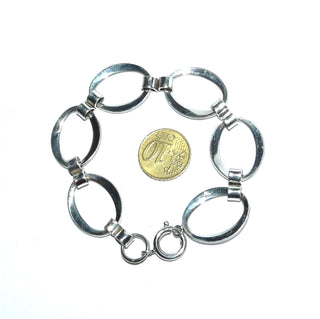 breites Retro-Einzelstück, Vintage-Glieder-Armband aus massiv 925 Silber, poliert, 20,5 cm lang mit 6 ovalen, durchbrochenen, leicht gewölbte Elemente mit Schlaufenverbindungen, im typischen Design der sechziger Jahre, Federring-Verschluß -	Vintage-Schmuck nur im Onlineshop von danilogold!