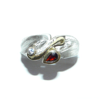 asymmetrischer breiter Granat-Ring Silber Granat + Zirkonia bicolor / Ri 0482