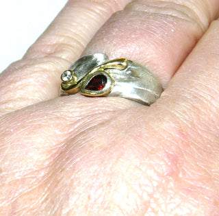 asymmetrischer breiter Granat-Ring Silber Granat + Zirkonia bicolor / Ri 0482