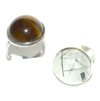 Einzelstücke, Ring-Set aus versilbertem Metall mit einem Tigerauge-Cabochon + einem Bergkristall mit Turmalin-Nadeln, Ringweite verstellbar um 52 -	Einzelstücke nur erhältlich bei www.danilogold-shop.de