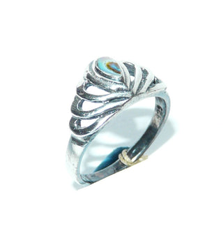 Einzelstück, zarter Ring "Pfau" aus 925 Silber mit einem Tropfen aus grün-blau schillernden Perlmutt der Paua-Muschel, fächerartig mit durchbrochenen, gebogenen Streben verziert, Ringweite 50 -	Einzelstücke nur erhältlich bei www.danilogold-shop.de