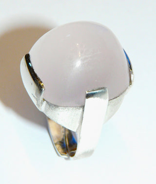 Einzelstück, Vintage-Ring aus 925 Silber mit großem, hohen Rosenquarz-Cabochon, ca. 1960, weitenverstellbar, ca. Ringweite 58 - Unikate und Pretiosen nur erhältlich im Onlineshop der Goldschmiede Danilo!