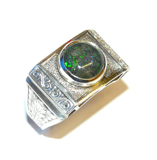 Handarbeit Unikat-Ring mit australischer Opal-Matrix / Muttergestein in grün-blau, ovaler Cabochon, 925 Silber mit Schnörkel-Ornamenten, Ringweite 55,5 - -Unikate + Einzelstücke nur im Onlineshop von Goldschmiede Danilo!