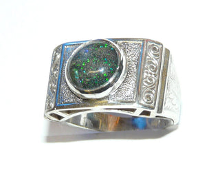 Handarbeit Unikat-Ring mit australischer Opal-Matrix / Muttergestein in grün-blau, ovaler Cabochon, 925 Silber mit Schnörkel-Ornamenten, Ringweite 55,5 - -Unikate + Einzelstücke nur im Onlineshop von Goldschmiede Danilo!