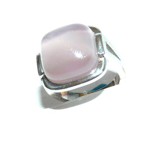 rosa Einzelstück, Vintage Kissen-Ring mit Katzenaugen-Effekt aus massiv 925 Silber, poliert, Cabochon-Schliff, quadratisch mit abgerundeten Ecken, als Rosenquarz-Replik, um 1990, Ringweite 54,5 - Goldschmiede Danilo