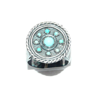 rundes Einzelstück, Vintage-Türkisring in Filigrantechnik mit Kordelrand aus massiv 925 Silber poliert, in den Tiefen geschwärzt, Ringweite 55, Seitenflächen satiniert, um 1950 - Goldschmiede-Danilo