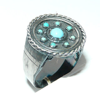 rundes Einzelstück, Vintage-Türkisring in Filigrantechnik mit Kordelrand aus massiv 925 Silber poliert, in den Tiefen geschwärzt, Ringweite 55, Seitenflächen satiniert, um 1950 - Goldschmiede-Danilo