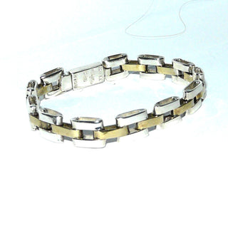 massives Einzelstück, zweifarbiges Armband, Gliederarmband mit Stiftbewegung, wirkt fast wie ein Armreifen aus massiv 925 Silber & Messing, 18 cm lang, Mexico, Kastenschloß - Goldschmiede Danilo