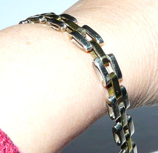 massives Einzelstück, zweifarbiges Armband, Gliederarmband mit Stiftbewegung, wirkt fast wie ein Armreifen aus massiv 925 Silber & Messing, 18 cm lang, Mexico, Kastenschloß - Goldschmiede Danilo