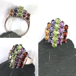 Damenring mit 5 Arten Edelsteinen Amethyst, Citrin, Olivin, Iolith & Granat in Krappenfassungen, oval, facettiert, 925 Silber, Ringweite 57 --  Unikate und Pretiosen nur erhältlich im Onlineshop der Goldschmiede Danilo!